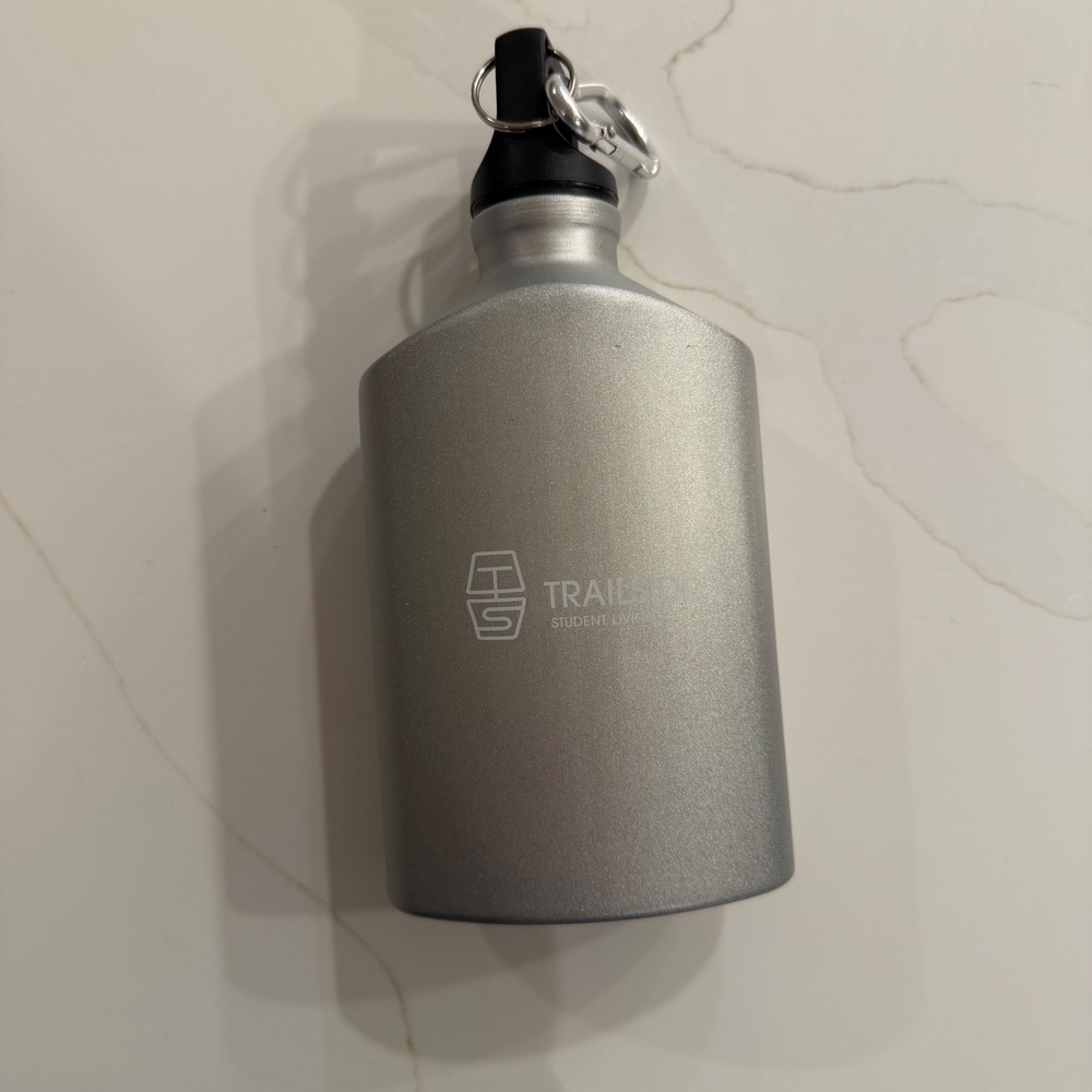 Metal Water Bottle Silver‎ Oval Canteen with Carabiner Clip Logo